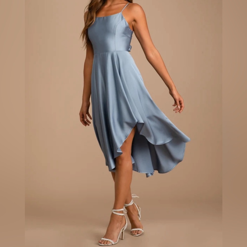 Lulus Days Like Today Blue Satin Asymmetrical Tie-Back Midi Dress